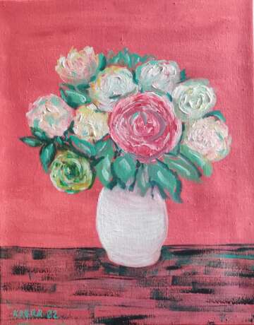Oil painting “Розы в белой вазе. Roses”, Canvas on the subframe, Paintbrush, Impressionist, Still life, Ukraine, 2022 - photo 1