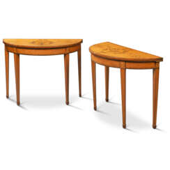 A PAIR OF GEORGE III SATINWOOD, TULIPWOOD, SYCAMORE AND FRUITWOOD MARQUETRY CARD TABLES 