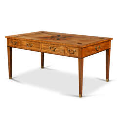 A GEORGE III WALNUT, MAHOGANY AND PARQUETRY WRITING-TABLE