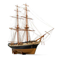 A FULLY RIGGED STAINED AND PAINTED WOOD MODEL OF A TWO-MASTED 19TH CENTURY TRADING BRIG