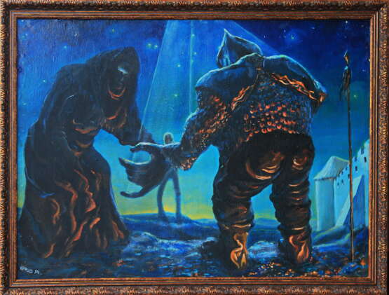 „Die Rückkehr des verlorenen Sohnes“ Leinwand Ölfarbe Surrealismus Mythologisches 1994 - Foto 1