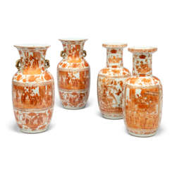 FOUR CHINESE IRON-RED AND GILT-DECORATED 'FIGURAL' VASES