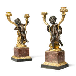 A PAIR OF LOUIS XVI-STYLE BRONZE AND ORMOLU TWO-BRANCH CANDELABRA