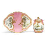 A SEVRES PORCELAIN PINK-GROUND MUSTARD-POT, COVER AND STAND FROM THE 'SERVICE ROZE ATTRIBUTS DE CHASSE' PROBABLY ACQUIRED BY LOUIS XV (MOUTARDIER ORDINAIRE ET PLATEAU) - фото 1