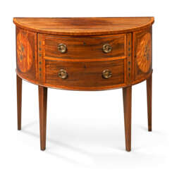 A LATE GEORGE III POLYCHROME-PAINTED, SATINWOOD AND MAHOGANY DEMI-LUNE COMMODE 