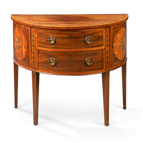 A LATE GEORGE III POLYCHROME-PAINTED, SATINWOOD AND MAHOGANY DEMI-LUNE COMMODE - фото 1