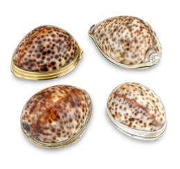 FOUR SILVER, SILVER-GILT AND GILT-METAL COWRIE SHELL SNUFF-BOXES