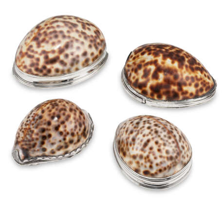 FOUR GEORGIAN SILVER AND SILVER-PLATED MOUNTED COWRIE SHELL SNUFF-BOXES - photo 1