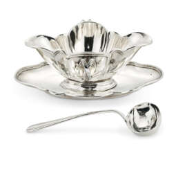 A SPANISH SILVER SAUCEBOAT ON STAND AND LADLE 