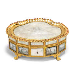 A PALAIS ROYAL MOTHER-OF-PEARL AND GLASS INSET GILTMETAL WORKBOX
