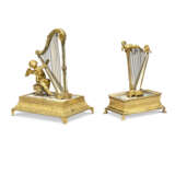TWO RESTAURATION PALAIS ROYAL ORMOLU AND MOTHER-OF PEARL MUSICAL ORNAMENTS OR RING-STANDS MODELLED AS HARPS - photo 2