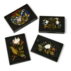 A GROUP OF FOUR RECTANGULAR FLORAL PIETRA DURA PAPERWEIGHTS AND PANELS 