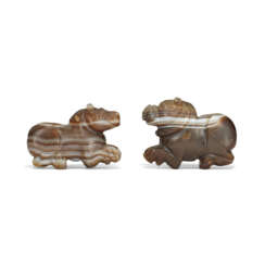 TWO ELAMITE BANDED AGATE LIONS