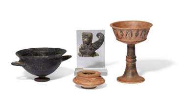 THREE ETRUSCAN POTTERY VESSELS AND AN APPLIQUE