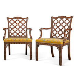 A PAIR OF GEORGE II MAHOGANY OPEN ARMCHAIRS