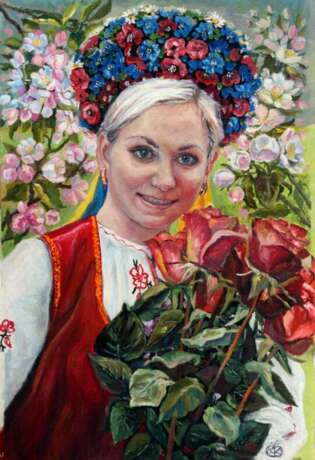 Портрет Ольги с букетом роз Масло на холсте на подрамнике Реализм Портрет Украина 2015 г. - фото 1