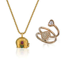 CHOPARD DIAMOND 'HAPPY HEARTS TWIST' RING AND ERIC BERTRAND MULTI-GEM PENDENT NECKLACE