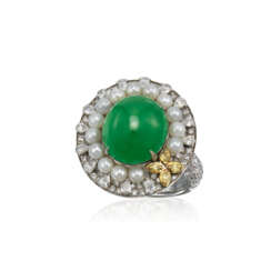 JADEITE, CULTURED PEARLS, COLOURED SAPPHIRE AND DIAMOND RING