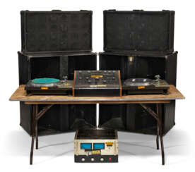 2 TECHNICS SL-1100A TURNTABLES; A GLI 3800 MIXER WITH GLI 1000 EQUALIZER; A MCINTOSH MC-2300 STEREO POWER AMPLIFER; 2 SPEAKER CABINETS WITH 6 INCH SPEAKER ARRAY; 2 SUBWOFFER CABINETS AND FOLDING TABLE