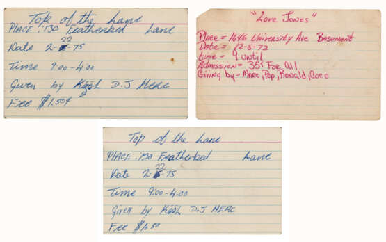 THREE INDEX CARD INVITATIONS INCLUDING TWO FOR A 1975 KOOL HERC PARTY - Foto 1
