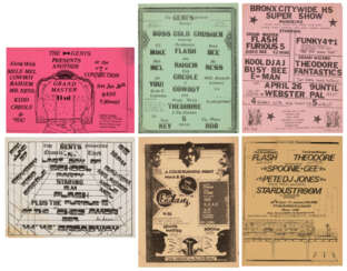SIX 1980 HIP HOP FLYERS FEATURING THE T-CONNECTION, ECSTASY GARAGE, STARDUST ROOM AND MORE.