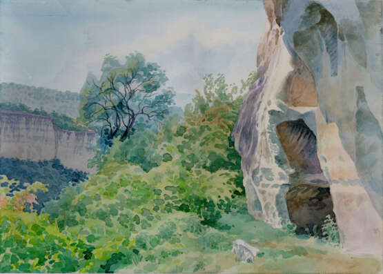 акварель “Скальные жилища”, Paper, Watercolor, Realist, Landscape painting, Russia, 1999 - photo 1