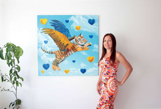 Oil painting «Winged tiger cub» холст льняной Масло Картина маслом Сказочно-былинный жанр Украина 2022 г. - фото 3