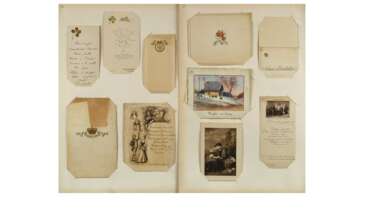 9 карточек с меню для гурманов и 1 карточка с приглашением от генерал-майора Д. Уотсона. 1907—1922 гг. С рукописными аннотациями генерала Д. Ознобишина.