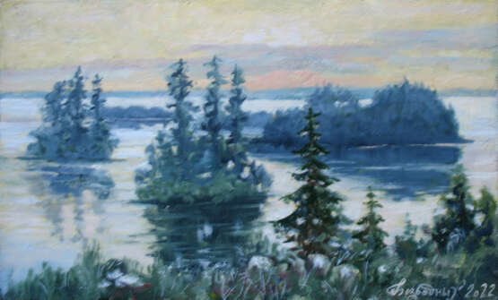 Painting “Закат.Озеро”, Primed fiberboard, Oil paint, Realist, Landscape painting, Россмя, 2022 - photo 1