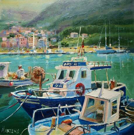 “Fishing boats of Sicily” Canvas Oil paint Impressionist Landscape painting 2017 - photo 1