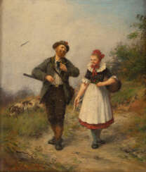 FELIX SCHMIDT LIEBESPAAR, JÄGER UND MÄDCHEN IN LANDSCHAFT (1885)