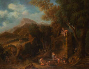 GASPARD POUSSIN (DUGHET) (ATTR.) HÜGELIGE LANDSCHAFT MIT WÄSCHERINNEN AM FLUSS