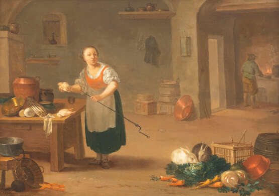 DAVID TENIERS DER JÜNGERE (NACHFOLGER) KÜCHENINTERIEUR MIT MAGD, BAUER UND HASEN - Foto 1