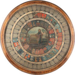 MEISTER DER HELVETIA TAFELRUNDE DES 18. JH. ADELSTISCHTAFEL MIT RUNDUMLAUFENDEN ADELSWAPPEN UND NAMENSINSCHRIFTEN