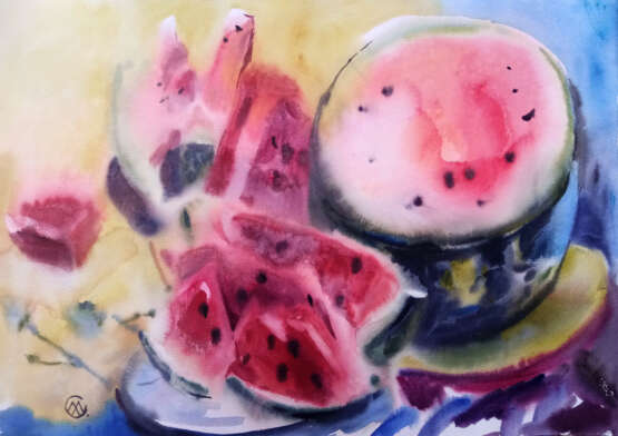 Картина акварелью, акварель, акварельная картина “Сахарный арбуз”, Paper, Watercolor, Expressionist, Still life, Russia, 2022 - photo 1
