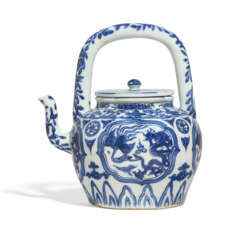 A RARE BLUE AND WHITE &#39;DRAGON AND PHOENIX’ EWER AND COVER