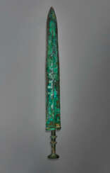A RARE GOLD AND TURQUOISE-INLAID BRONZE SWORD