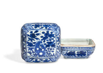 A BLUE AND WHITE CUSHION-FORM BOX AND COVER