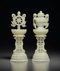 A PAIR OF PALE BEIGEISH-WHITE JADE ALTAR ORNAMENTS