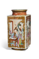 A RARE AND FINELY DECORATED FAMILLE ROSE CONG-FORM VASE WITH FIGURAL PANELS