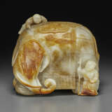 A MOTTLED GREYISH-WHITE AND RUSSET JADE `ELEPHANT AND BOYS’ GROUP - photo 1