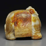 A MOTTLED GREYISH-WHITE AND RUSSET JADE `ELEPHANT AND BOYS’ GROUP - photo 2