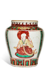 AN IRON-RED, YELLOW AND GREEN-ENAMELED &#39;LUOHAN&#39; JAR