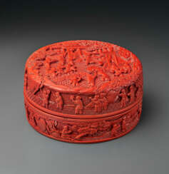 A RARE AND FINELY CARVED RED LACQUER &#39;HUNDRED BOYS’ CIRCULAR BOX AND COVER