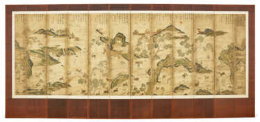 AN EXCEPTIONALLY RARE TWELVE-PANEL EMBROIDERED AND PAINTED &#39;DEER AND CRANE&#39; SCREEN