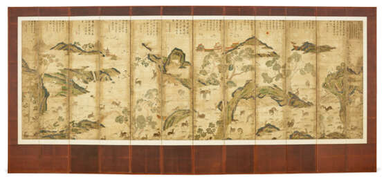 AN EXCEPTIONALLY RARE TWELVE-PANEL EMBROIDERED AND PAINTED `DEER AND CRANE` SCREEN - фото 1