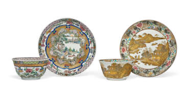 TWO FAMILLE ROSE AND GILT TEABOWLS AND SAUCERS WITH LANDSCAPES
