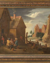 Dorfszene mit drei Pfeiferauchern vor einer Schenke