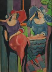 Unbekannte/r Künstler/in -1.Hälfte 20.Jh.- Zwei Damen mit ausladenden Hüten im Straßencafé, Öl auf Hartfaser, unten rechts mit Signatur "Jules Pascin", ca. 68 x 48 cm, unter Glas gerahmt