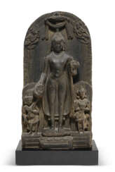A RARE BLACK STONE STELE OF THE BUDDHA&#39;S DESCENT FROM THE TRAYATRIMSHA HEAVEN